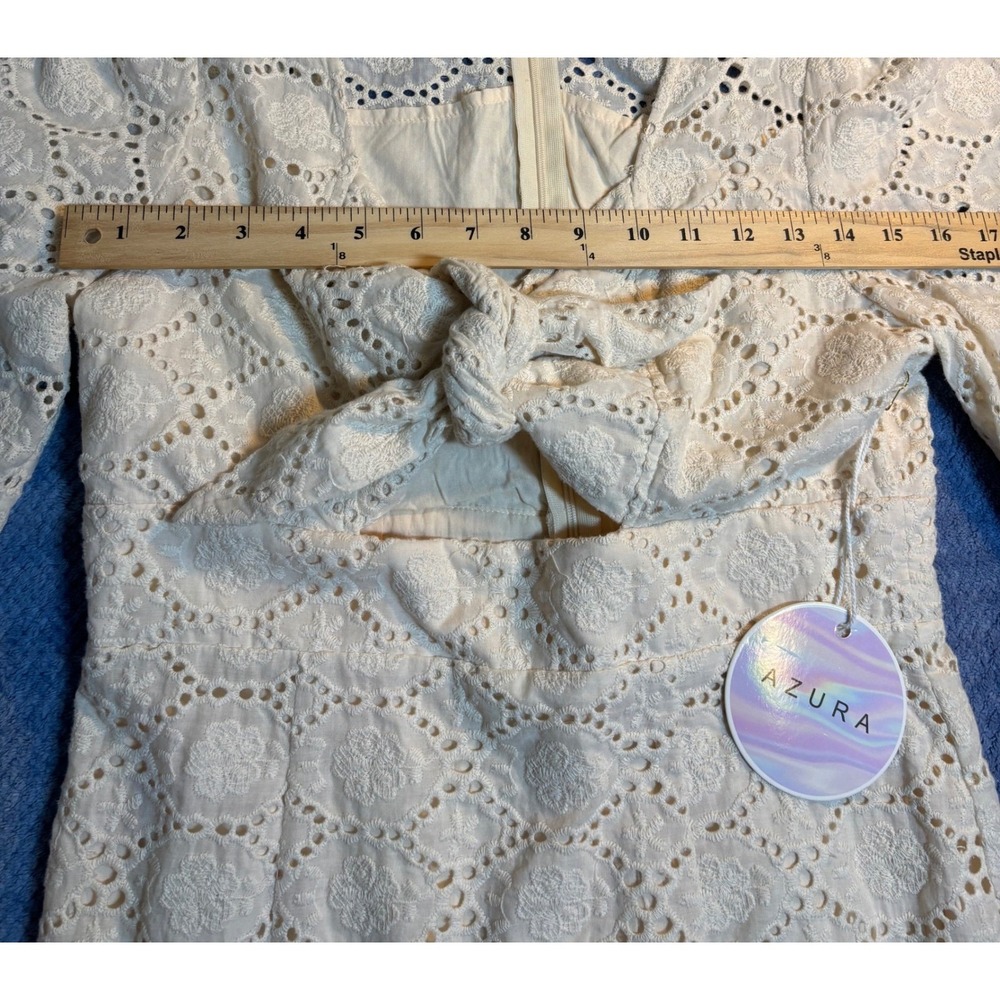 Azura Mini Dress Women's Cream NWT Excellent Eyelet Tie Front Long Sleeve Large - Picture 3 of 8